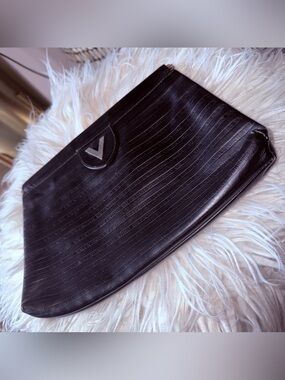 Mario Valentino Black Embossed Leather Clutch with V Logo